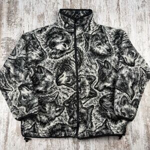 VTG All Over Print Wolf Full Zip Fleece Shacket Sz L Nature Outdoor Grandpa